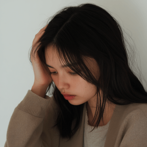 Japanese_woman_holdin_her_head_looking_down__white_back_