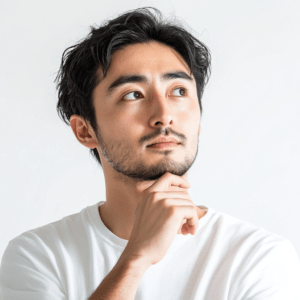 Japanese_man_in_his_30s_considering_touching_his_chin white background