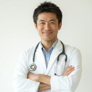 Japanese doctor in his 40s crossing his arms and smiling, white background