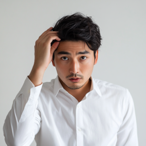 Japanese_man_in_his_30s_touching_his_head_and_thinking_