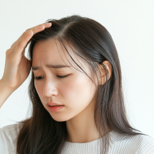 Japanese_woman_in_her_30s_touching_her_hair_and_concern