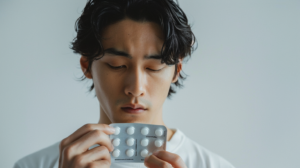 A_Japanese_man_in_his_30s_holding_a_blister_pack_of_med_86b06325-74d1-48fe-8702-f33eca1b42eb