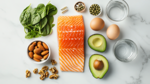 A_top-down_photograph_of_hair-healthy_foods_arranged_on_3e085fd3-dc16-421c-b233-0f84e7d3a3a1